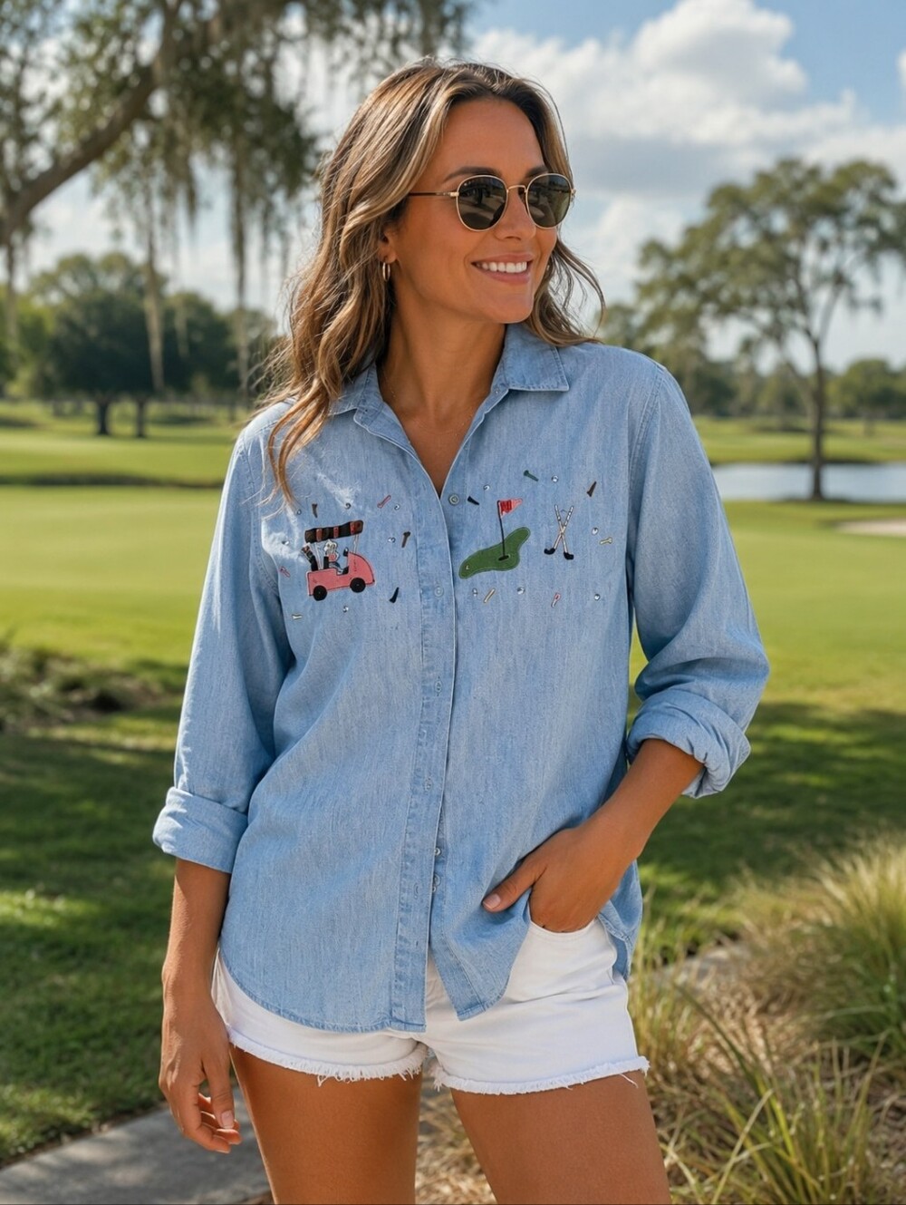 Christopher & Banks Womens Golf Embroidered Denim Longsleeve Shirt Size Large VT